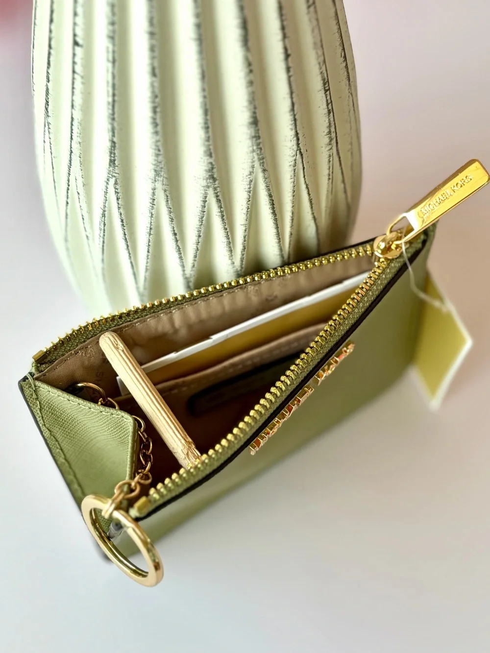 Michael Kors Olive Green Saffiano Cardholder Small Wallet with Gold Keyring